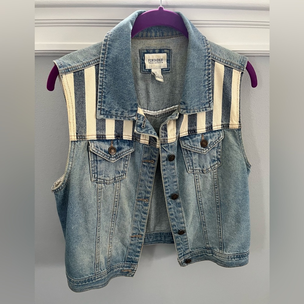 Blue Denim Vest with Cream Stripes